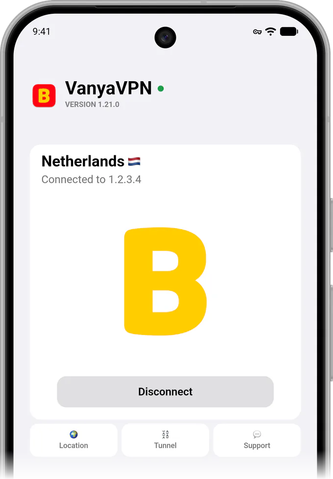 App main screen on Android: VPN connected, location Netherlands