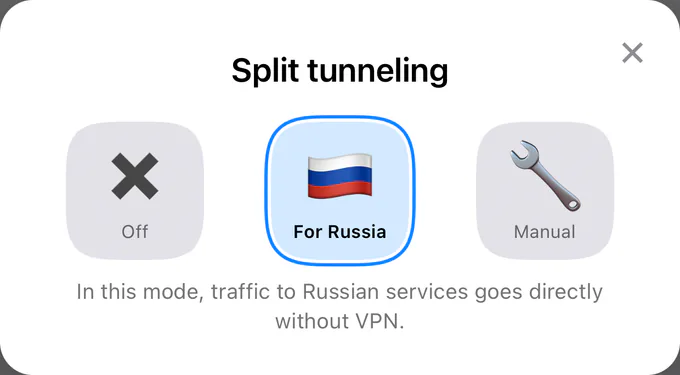 The Split tunneling window in the app with For Russia selected