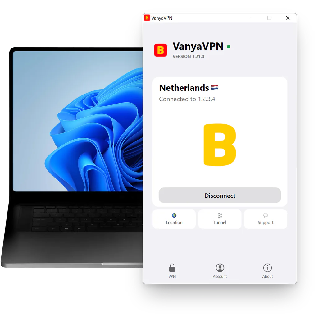 VanyaVPN window on Windows 11, connected to the Netherlands